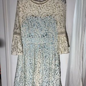 Eliza J Ivory Lace Fit-and-Flare Dress with Light Blue Lining